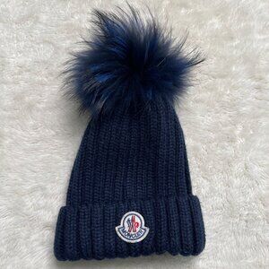 Moncler Kid's Navy Blue Fur Pom Pom Knit Beanie One Size